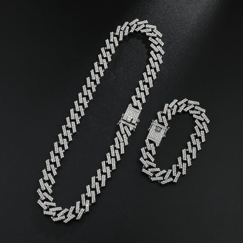 18K Gold Plated Iced Out CZ Crystal Cuban Link Chain with Bracelet SET - Picture 7 of 7